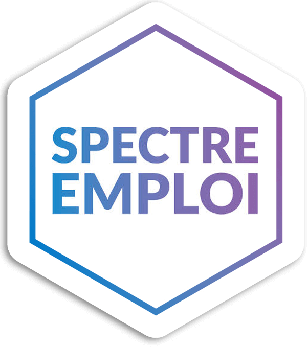 L’image présente un hexagone violet sur un fond blanc. Le centre de l’image contient les mots « Spectre Emploi ». Cette image est le logo de Spectre Emploi.